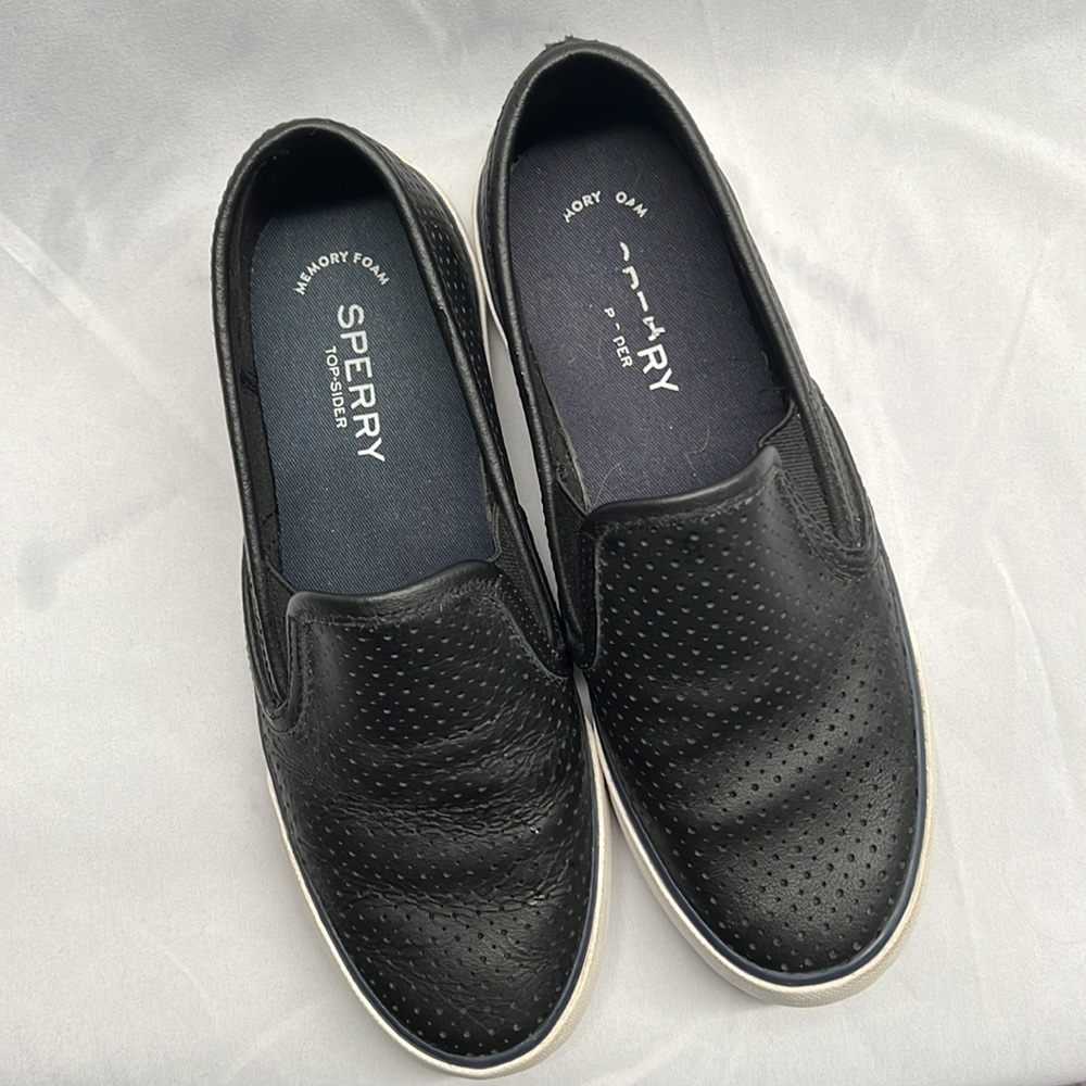 Sperry Top-Sider Black Leather Perforated Slip-On Sneakers Size 7M